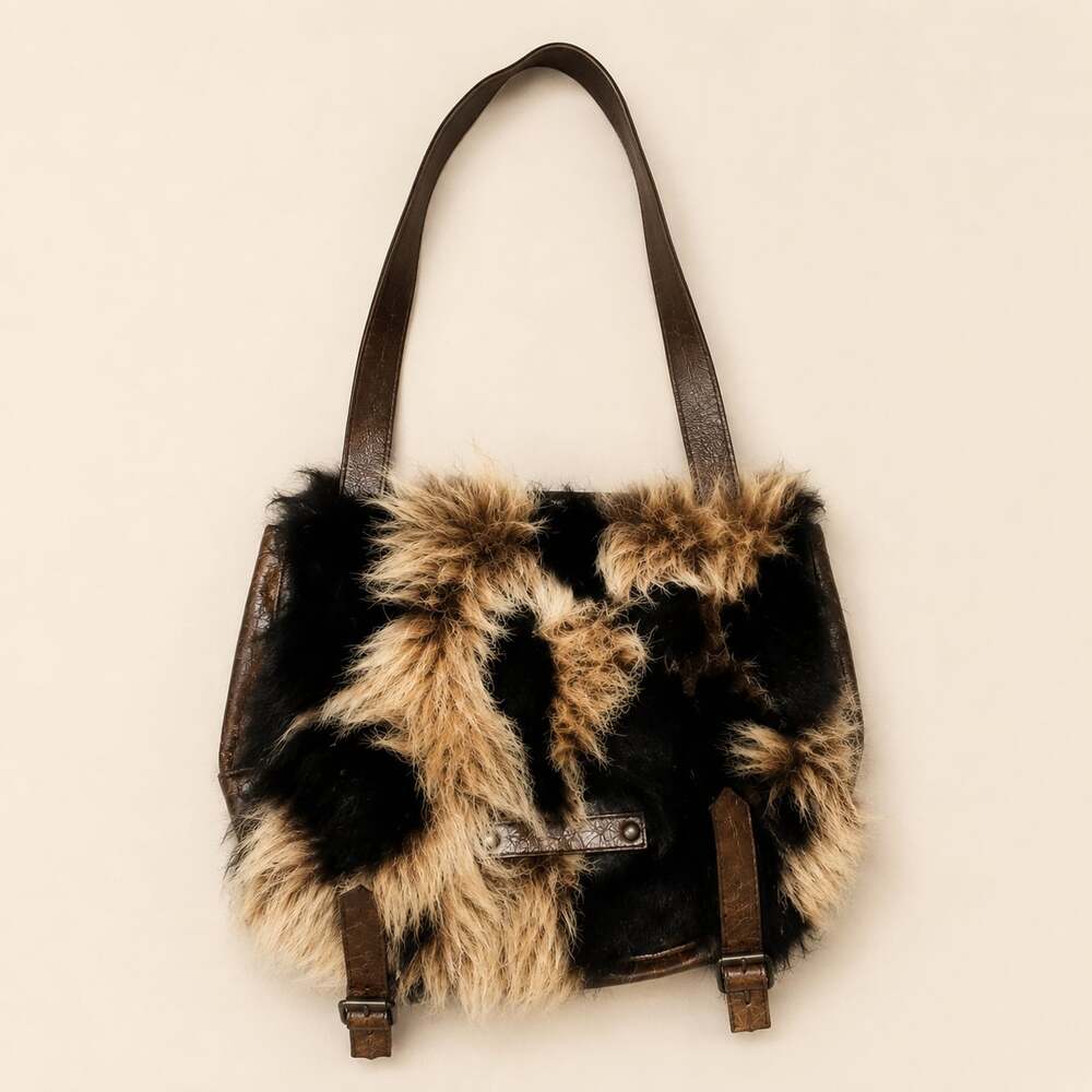 Rare Vtg Genuine Leather Fur Shoulder Bag Y2K Boho Indie Sleaze Statement Purse